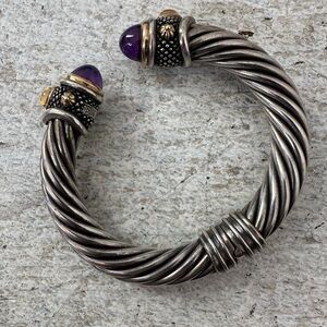 Vintage Sterling 18k Gold Amethyst Cabachon Cable Hinged Bangle